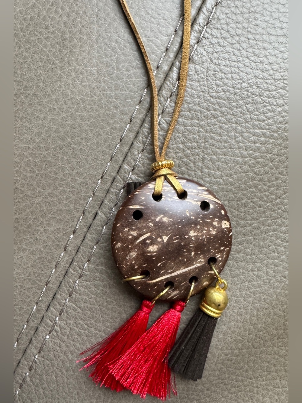 Boho Coconut Shell Pendant Necklace with Red & Black Tassels - Picture 2 of 4